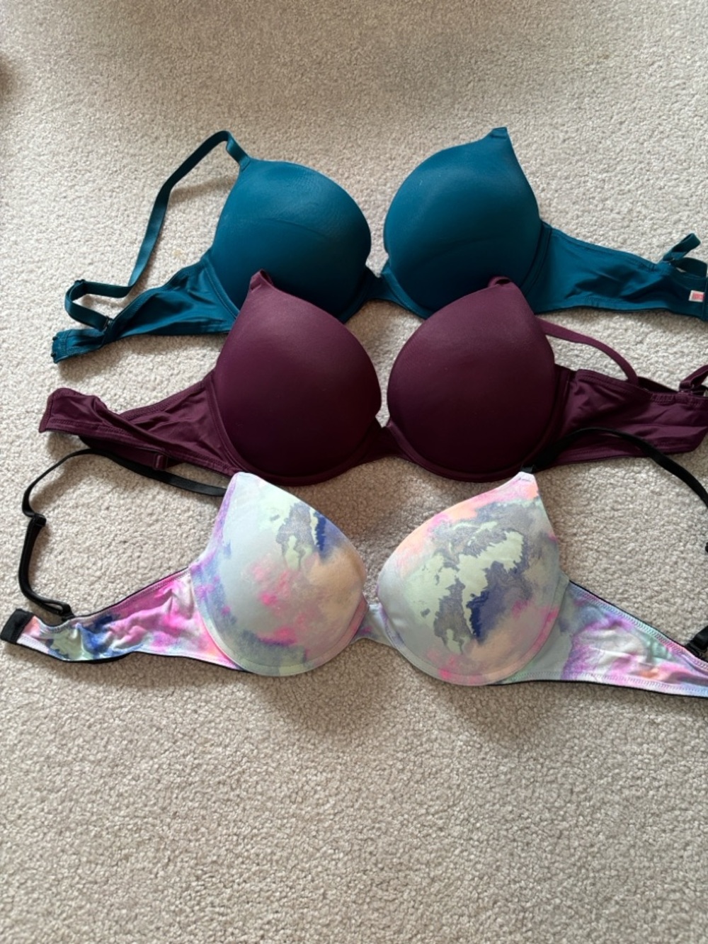 Victoria Secret Teal, Burgundy & Pastel Tie-Dye Push-Up  Bra Set Women Intimates